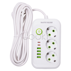 Сетевой фильтр кабель 4.75 м удлинитель F16 на 3 розетки 4 usb 2 type-c и кнопкой отключения Белый HP-5-21
