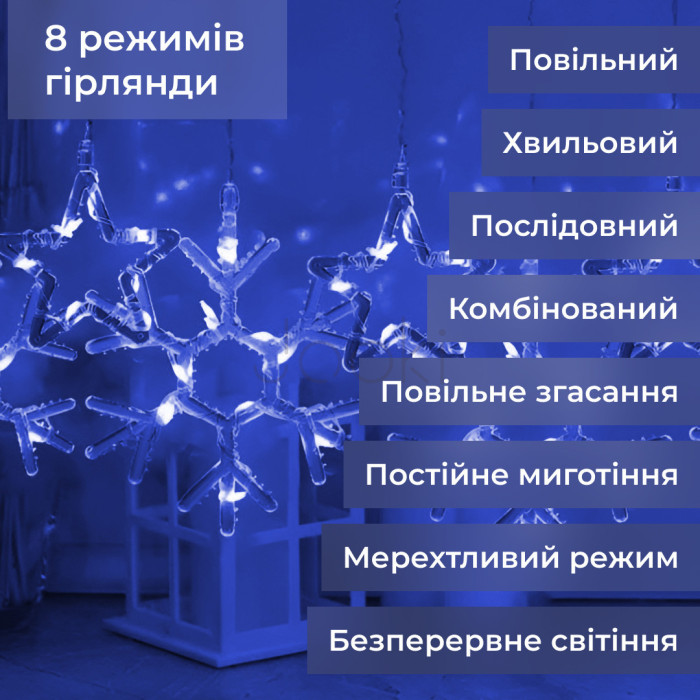 Гірлянда штора 3х0,9 м сніжинка зірка на 145 LED лампочок світлодіодна 10 шт Синій 1733066BL Завжди під рукою 