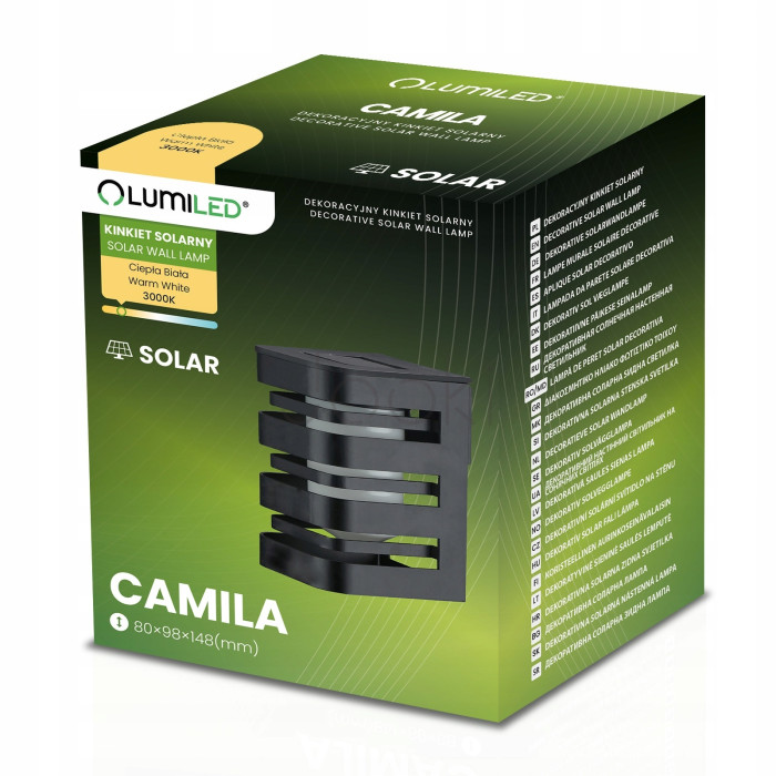 Сонячний настінний LED-світильник Lumiled серії Camila з датчиком сутінків — тепле світло 3000 K, IP44, автономний