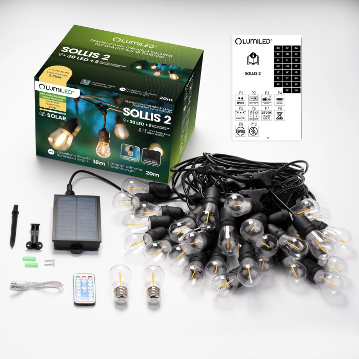 Уличная LED гирлянда на солнечной батарее Lumiled Sollis 2, 20 м, 30 LED лампочек E27, пульт ДУ, IP65, USB-C, теплый свет