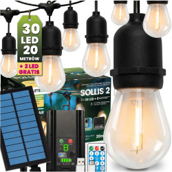 Уличная LED гирлянда на солнечной батарее Lumiled Sollis 2, 20 м, 30 LED лампочек E27, пульт ДУ, IP65, USB-C, теплый свет