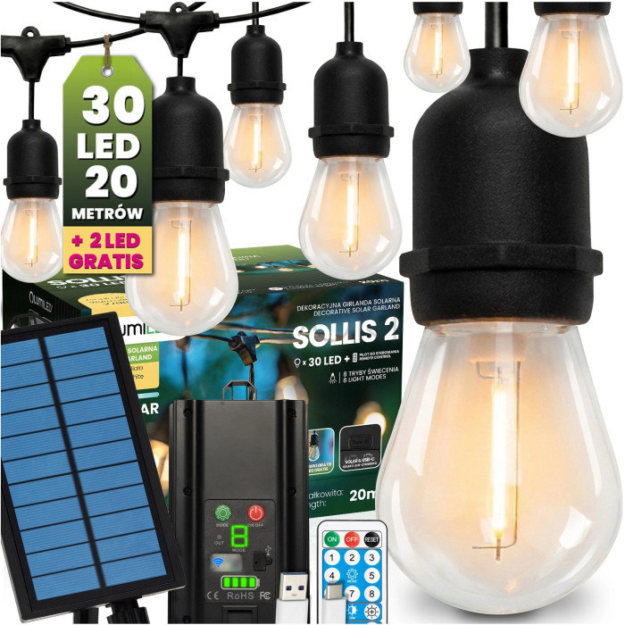 Уличная LED гирлянда на солнечной батарее Lumiled Sollis 2, 20 м, 30 LED лампочек E27, пульт ДУ, IP65, USB-C, теплый свет