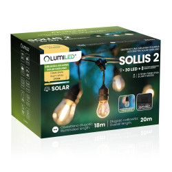 Уличная LED гирлянда на солнечной батарее Lumiled Sollis 2, 20 м, 30 LED лампочек E27, пульт ДУ, IP65, USB-C, теплый свет