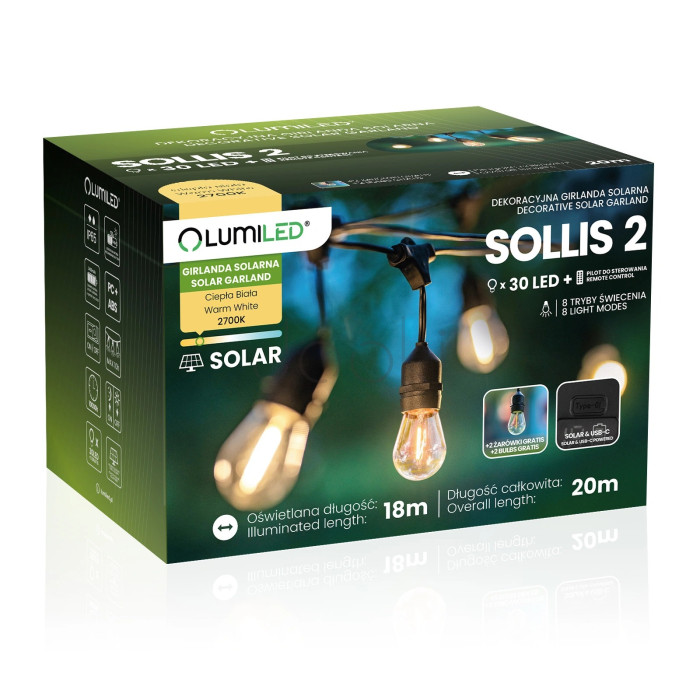 Уличная LED гирлянда на солнечной батарее Lumiled Sollis 2, 20 м, 30 LED лампочек E27, пульт ДУ, IP65, USB-C, теплый свет