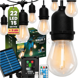 Солнечная садовая LED-гирлянда Lumiled SOLLIS 2, 15 м, 22 лампы, пульт ДУ, USB-C, теплый свет 2700K, IP65