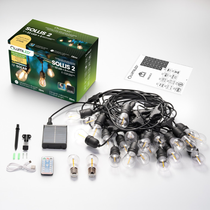 Солнечная садовая LED-гирлянда Lumiled SOLLIS 2, 15 м, 22 лампы, пульт ДУ, USB-C, теплый свет 2700K, IP65