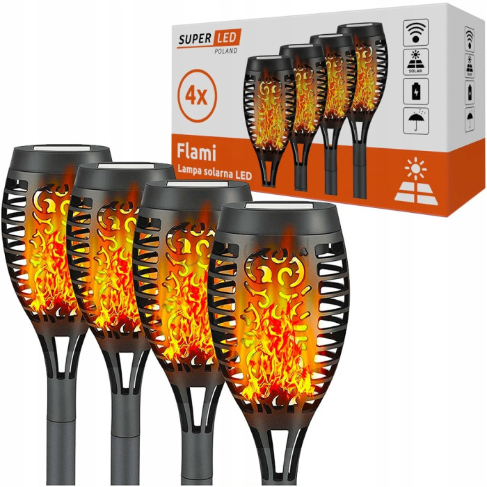 Солнечная садовая LED лампа факел Flami SuperLED с эффектом пламени, набор 4шт