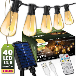 Солнечная садовая гирлянда 40 LED-фонариков+2шт в подарок, 14,5 м, теплый свет 2700 K, IP44, с пультом, солнечной и USB-зарядкой, Lumiled Pyris