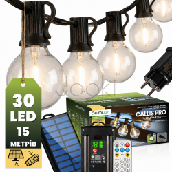 Сонячна садова LED-гірлянда + вилка 230В, Lumiled CALLIS PRO, 15,05 м, 30 LED-ламп, пульт ДК, тепле світло 2700K, IP44