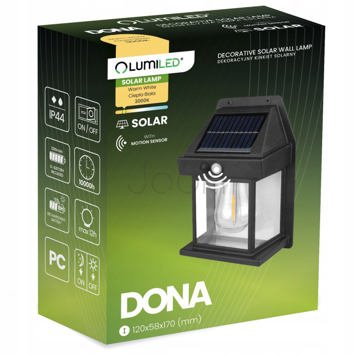 Солнечный настенный LED-светильник Lumiled серии Dona — теплый белый свет 3000K, с датчиком движения и сумерек, IP44
