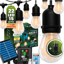 Солнечная садовая LED-гирлянда Lumiled SOLLIS 2, 15 м, 22 лампы, пульт ДУ, USB-C + адаптер 230В, теплый свет 2700K, IP65