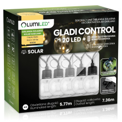 Солнечная садовая LED гирлянда Lumiled GLADI CONTROL 7,36 м, 20 фонариков, с пультом ДУ, зарядка USB-C, теплый свет 3000K, IP44