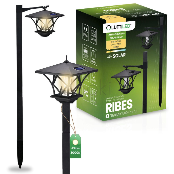 Высокий декоративный солнечный ретро-фонарь Lumiled серии Ribes — садовый LED-светильник 150см с фотодатчиком, теплый свет 3000K, IP44
