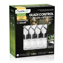 Сонячна садова LED гірлянда Lumiled GLADI CONTROL 10,6 м, 30 ліхтариків, з пультом ДК, зарядка USB-C, тепле світло 3000K, IP44