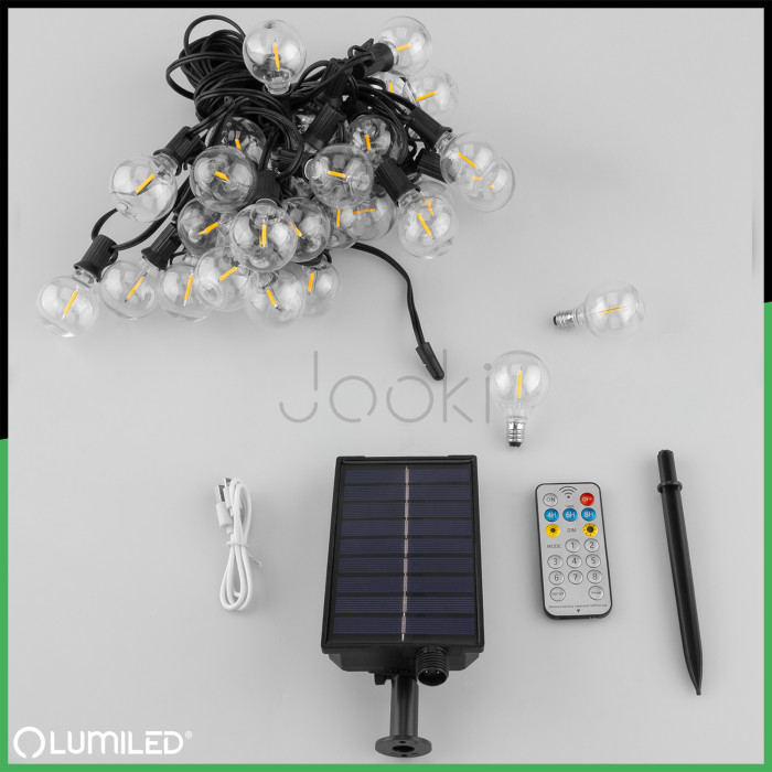Сонячна садова LED гірлянда Lumiled CALLIS2 15,55 м, 30 лампочок-кульок, з пультом ДК, зарядка USB-C, тепле світло 2700K, IP44