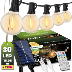 Сонячна садова LED гірлянда Lumiled CALLIS2 15,55 м, 30 лампочок-кульок, з пультом ДК, зарядка USB-C, тепле світло 2700K, IP44