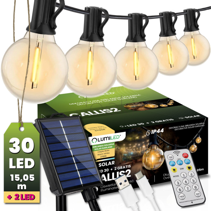 Сонячна садова LED гірлянда Lumiled CALLIS2 15,55 м, 30 лампочок-кульок, з пультом ДК, зарядка USB-C, тепле світло 2700K, IP44