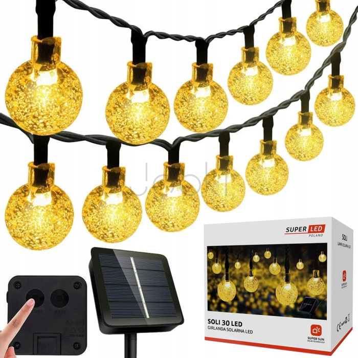 Солнечная гирлянда 30 LED-шариков, SuperLED Soli — длина 5,5 м, теплый белый свет, IP65, датчик сумерков, для сада, террасы