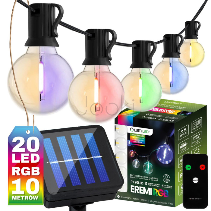 Светодиодная солнечная RGB гирлянда 20 LED лампочек G50, 10.6м, RGB+теплый белый, пульт ДУ, Lumiled Eremi