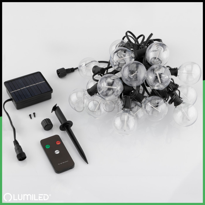 Светодиодная солнечная RGB гирлянда 20 LED лампочек G50, 10.6м, RGB+теплый белый, пульт ДУ, Lumiled Eremi