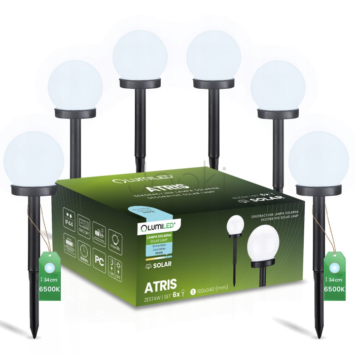 Набор белых садовых LED-шаров 10см на солнечной батарее 6шт — Lumiled Atris, холодный свет 6500K, IP44