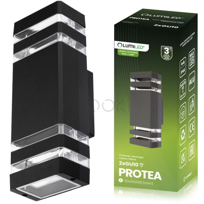 Настінний фасадний дволамповий світильник Lumiled Protea — 2×GU10, чорний, IP54, алюміній + скло, мережеве живлення 230В