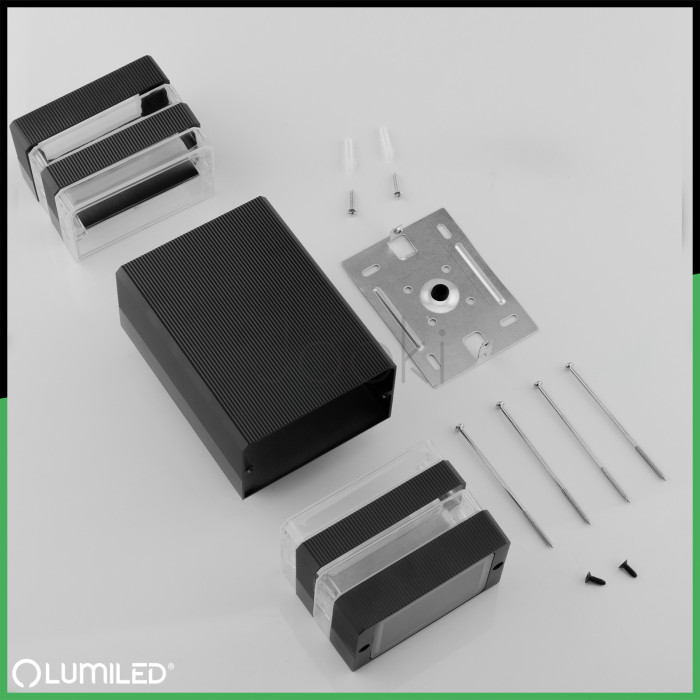 Настінний фасадний дволамповий світильник Lumiled Protea — 2×GU10, чорний, IP54, алюміній + скло, мережеве живлення 230В