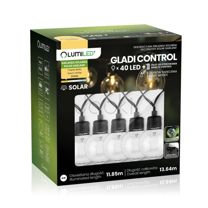 Солнечная садовая LED гирлянда Lumiled GLADI CONTROL 13,64м, 40 фонариков, с пультом ДУ, зарядка USB-C, теплый свет 3000K, IP44