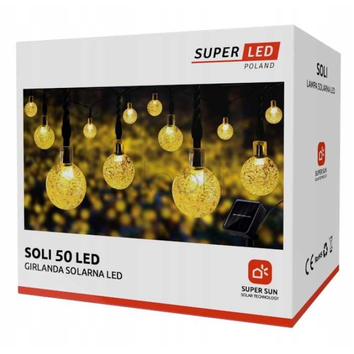 Сонячна гірлянда 50 LED-кульок, SuperLED Soli — довжина 9.5 м, тепле біле світло, IP65, датчик сутінків, для саду, тераси