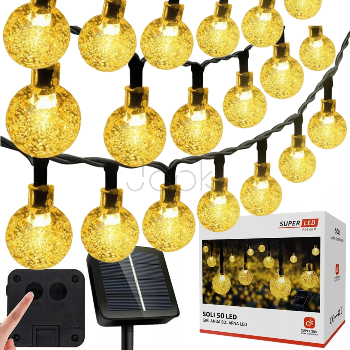 Сонячна гірлянда 50 LED-кульок, SuperLED Soli — довжина 9.5 м, тепле біле світло, IP65, датчик сутінків, для саду, тераси