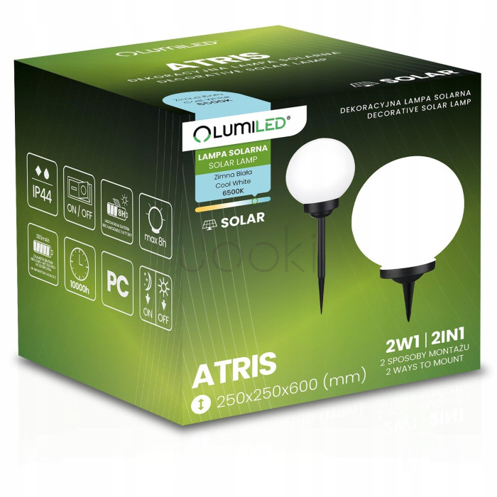 Садова LED‑куля 25 см на сонячній батареї — Lumiled Atris, холодне світло 6500 K, IP44