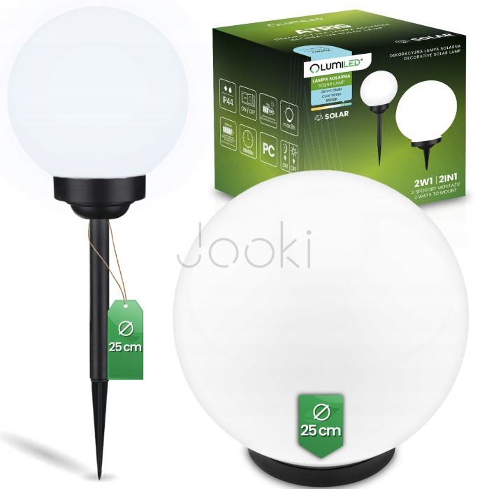 Садова LED‑куля 25 см на сонячній батареї — Lumiled Atris, холодне світло 6500 K, IP44