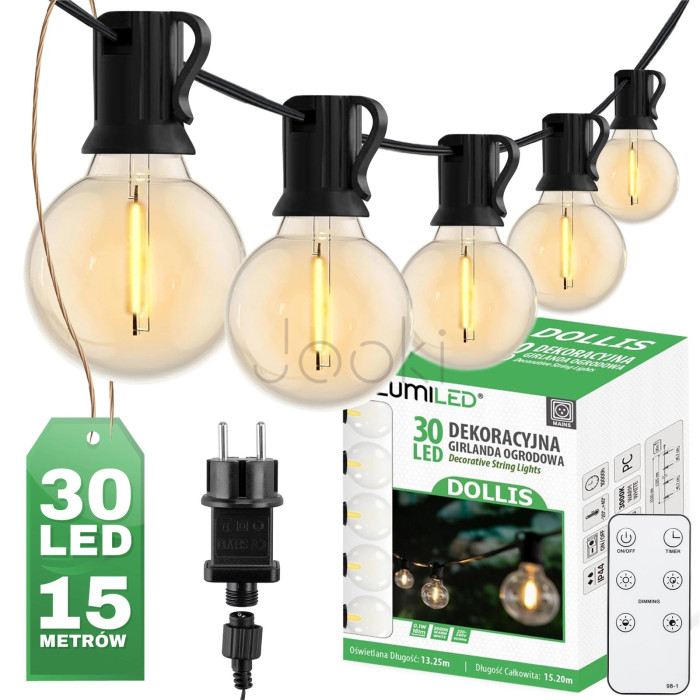 Садова гірлянда на 30 LED-ламп, 15,2 м, від мережі 230V, тепле світло 3000 K, IP44, з пультом та регулюванням яскравості, Lumiled Dollis