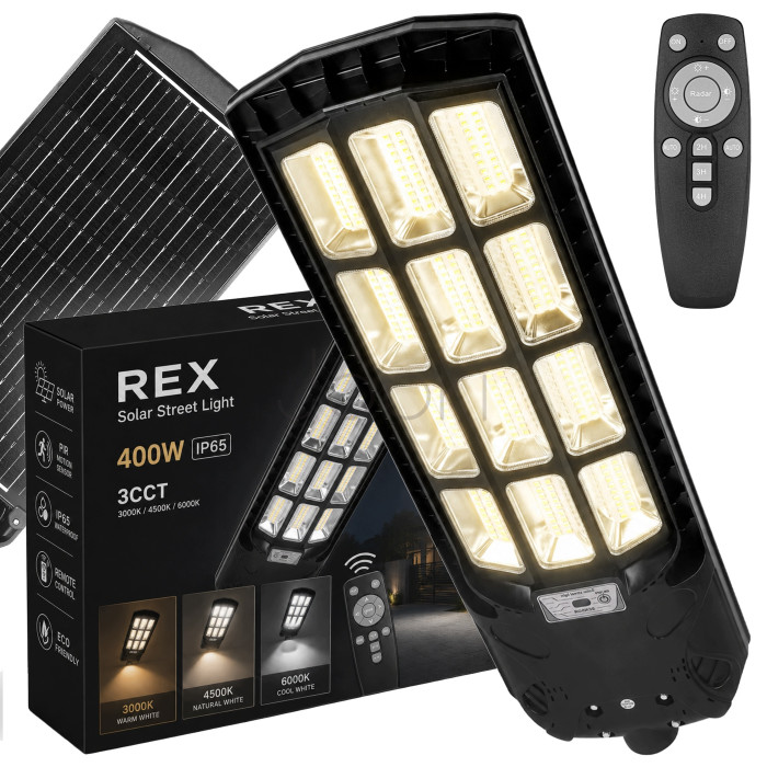 Вуличний LED-світильник на сонячній батареї MasterLED REX 400W, з пультом та датчиком руху, IP65, 3 кольори світла
