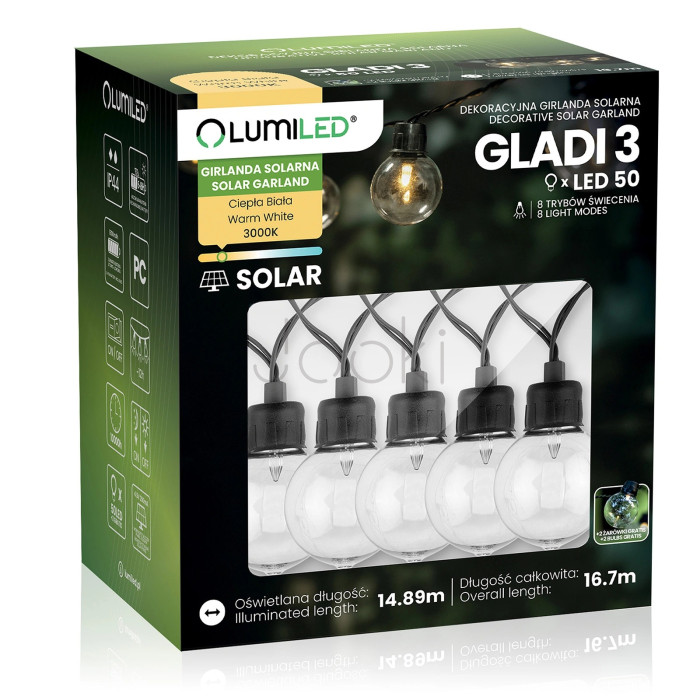 Садовая солнечная LED гирлянда Lumiled GLADI 3, 50 лампочек, 16,7м, теплый свет 3000K, IP44