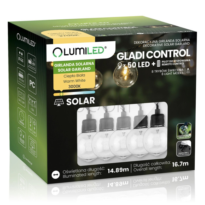 Сонячна садова LED гірлянда Lumiled GLADI CONTROL 16,7 м, 50 ліхтариків, з пультом ДК, зарядка USB-C, тепле світло 3000K, IP44