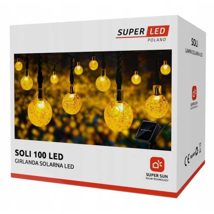 Солнечная гирлянда 100 LED-шариков, SuperLED Soli — длина 19 м, теплый белый свет, IP65, датчик сумерков, для сада, террасы