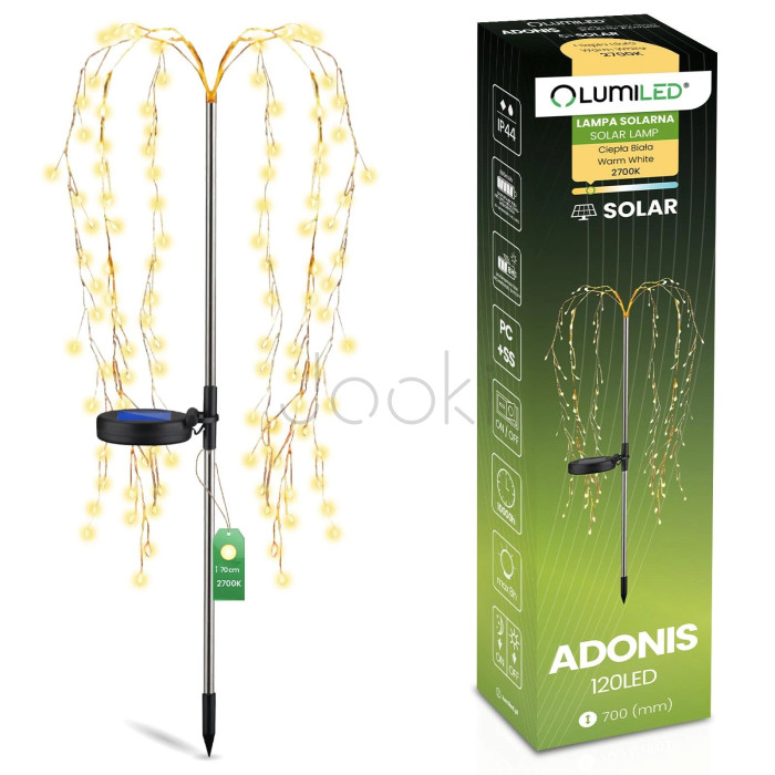 Садова сонячна лампа декоративне дерево, ефект водоспаду Lumiled серії Adonis — тепле біле світло 2700 K, 120 LED, 8 режимів, вбудований датчик сутінків, IP44, висота 70 см
