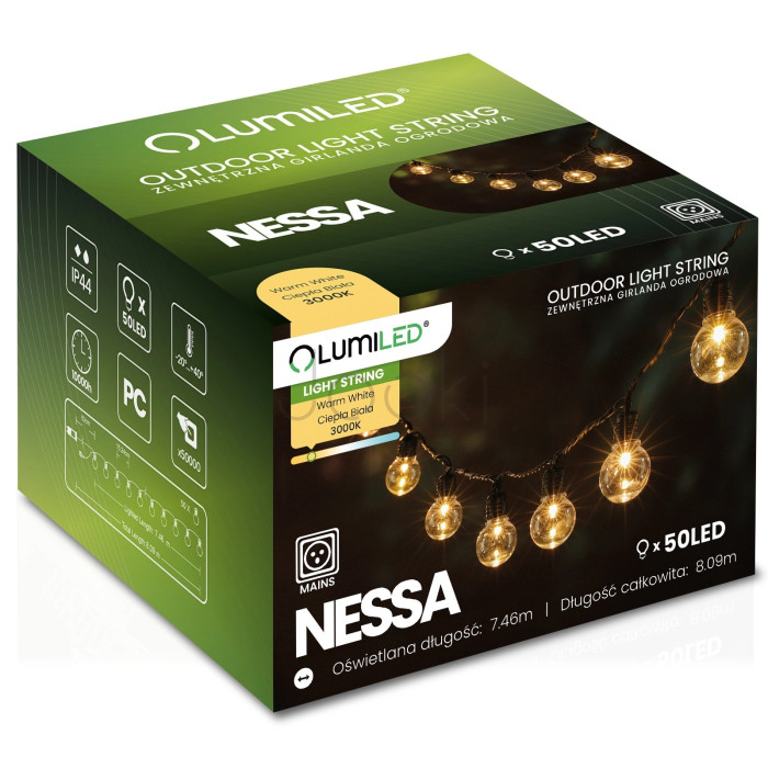 Наружная гирлянда на 50 LED-шариков, 8м, от сети 230V, теплый свет 3000 K, IP44, Lumiled Nessa