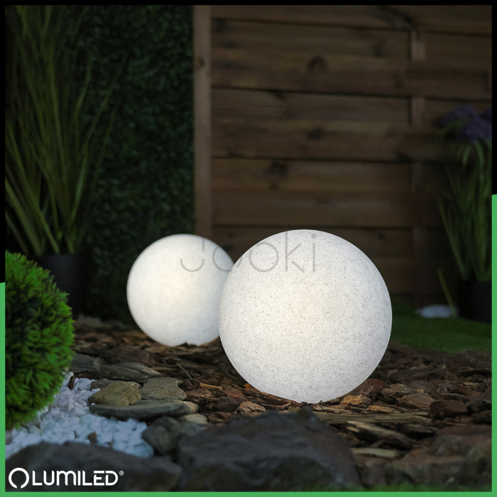 Садовий вуличний світильник Lumiled Lumikula 40 см, E27, 230V з вилкою, IP65, декоративна кам’яна лампа куля