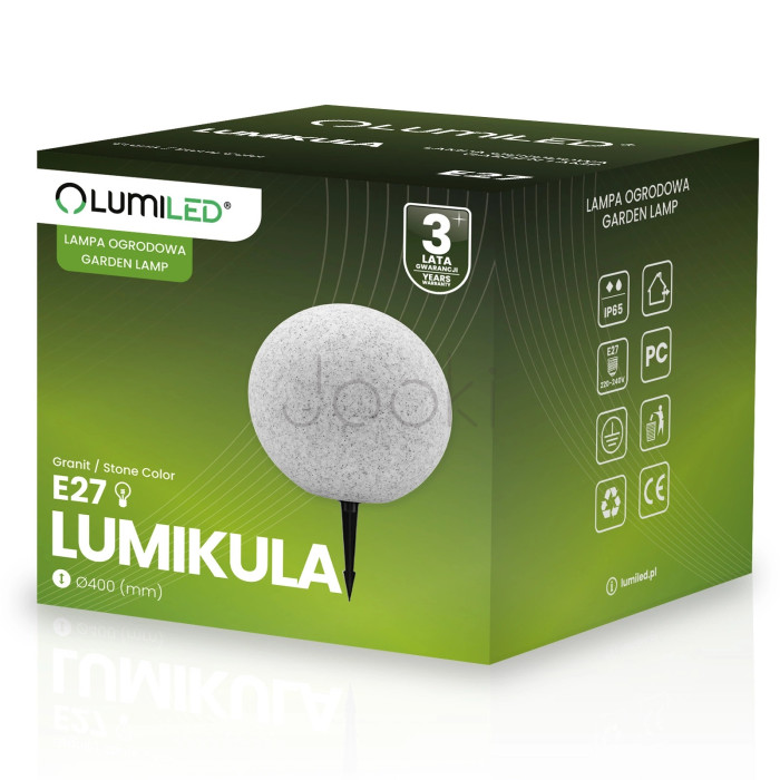 Садовий вуличний світильник Lumiled Lumikula 40 см, E27, 230V з вилкою, IP65, декоративна кам’яна лампа куля