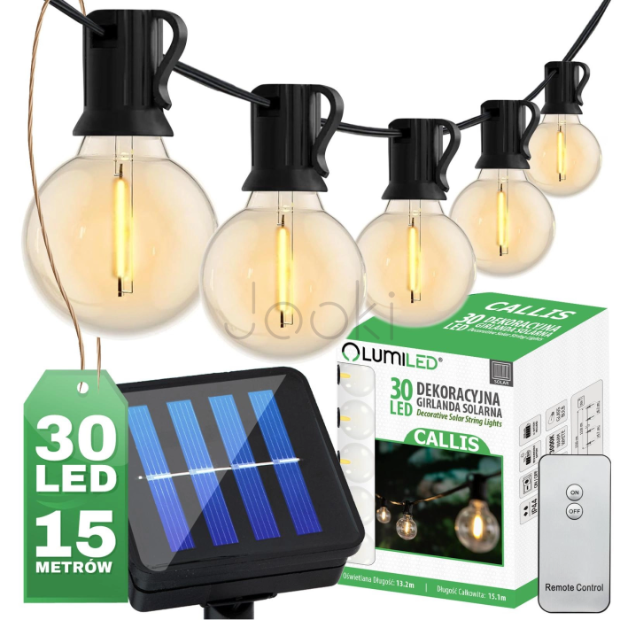 Сонячна гірлянда 30 LED-ліхтариків з пультом, зарядка USB, довжина 15м, тепле світло 2700 K, IP44, Lumiled CALLIS