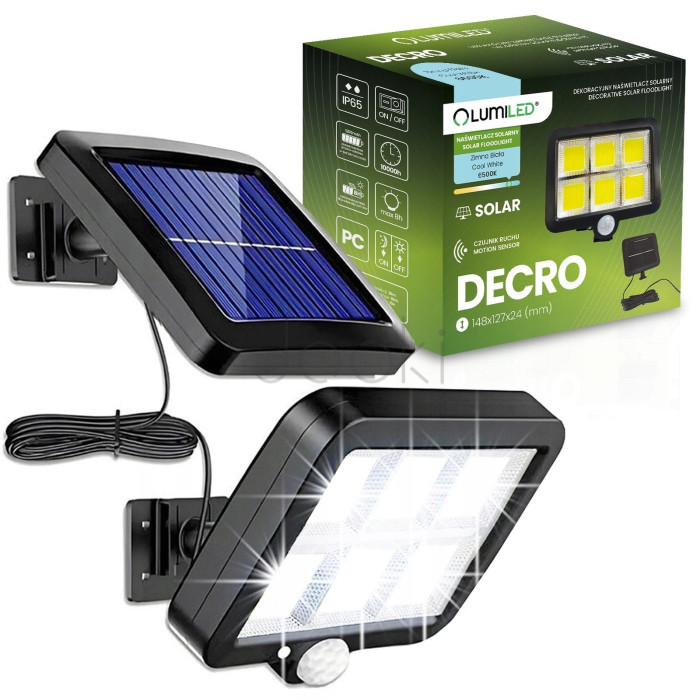 Солнечный LED‑прожектор Lumiled DECRO, 5Вт 800лм, с датчиком движения и сумерек — IP44, холодный белый свет 6500K
