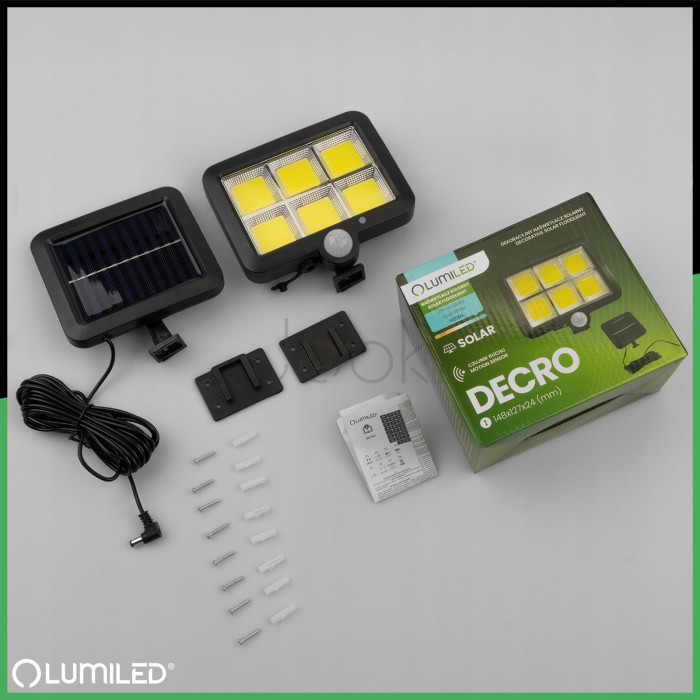 Солнечный LED‑прожектор Lumiled DECRO, 5Вт 800лм, с датчиком движения и сумерек — IP44, холодный белый свет 6500K