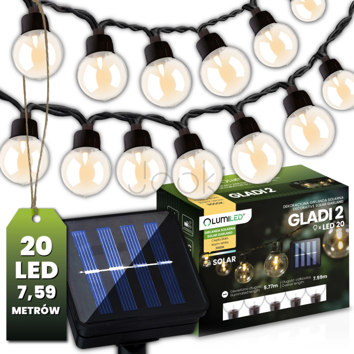 Солнечная гирлянда 20 LED-шариков, 7,59 м, теплый свет 3000K, IP44 Lumiled GLADI 2