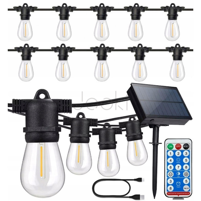 Солнечная гирлянда SuperLED Soli - 20 м, 20 сменных LED-лампочек E27, IP44, теплый белый свет, с пультом и зарядкой USB