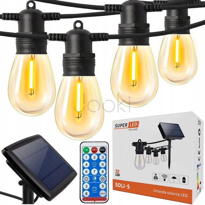 Солнечная гирлянда SuperLED Soli - 20 м, 20 сменных LED-лампочек E27, IP44, теплый белый свет, с пультом и зарядкой USB