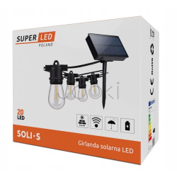 Солнечная гирлянда SuperLED Soli - 20 м, 20 сменных LED-лампочек E27, IP44, теплый белый свет, с пультом и зарядкой USB