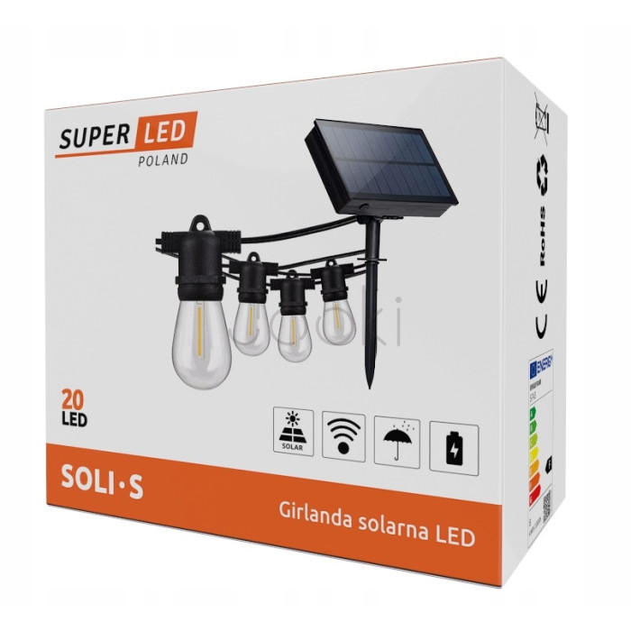 Солнечная гирлянда SuperLED Soli - 20 м, 20 сменных LED-лампочек E27, IP44, теплый белый свет, с пультом и зарядкой USB