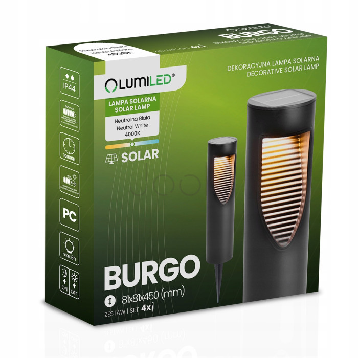 Набір садових круглих сонячних LED‑стовпчиків 4 шт — Burgo Lumiled, нейтральне біле світло 4000 K, чорний корпус, IP44